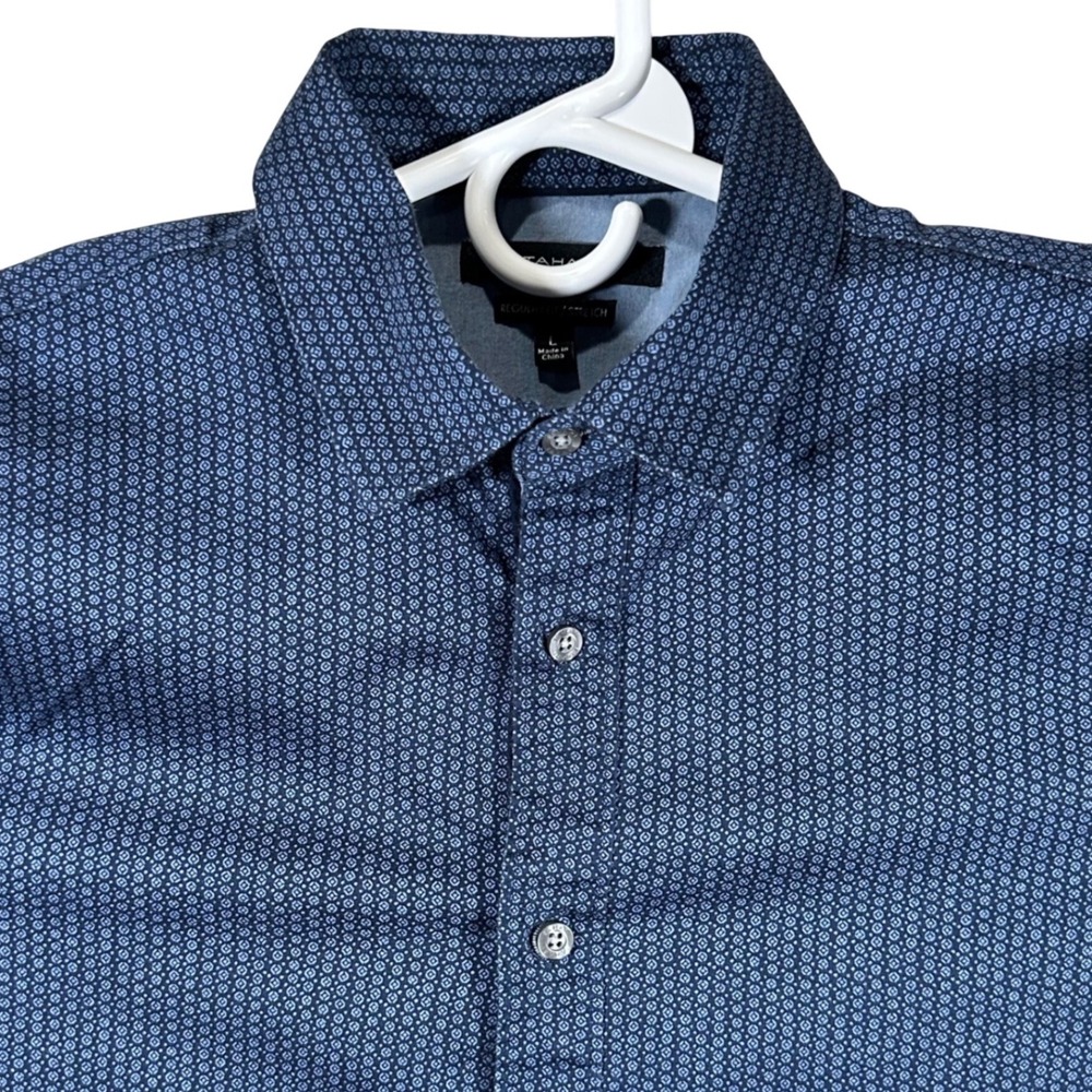 Tahari Mens Regular‎ Fit Stretch Button Down Shirt Navy Blue Geometric Print L
